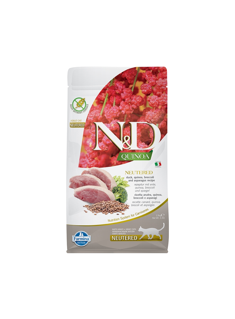 N&D QUINOA CAT ADULT NEUTERED PATO, BRÓCULOS E ESPARGOS - 1,5kg - NDQFDKN1